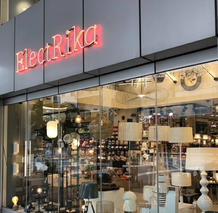 ElectRika Store - Modern lighting store exterior with glass storefront