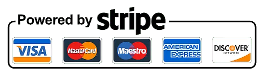 Powered by Stripe - Visa, Mastercard, Maestro, American Express, Discover